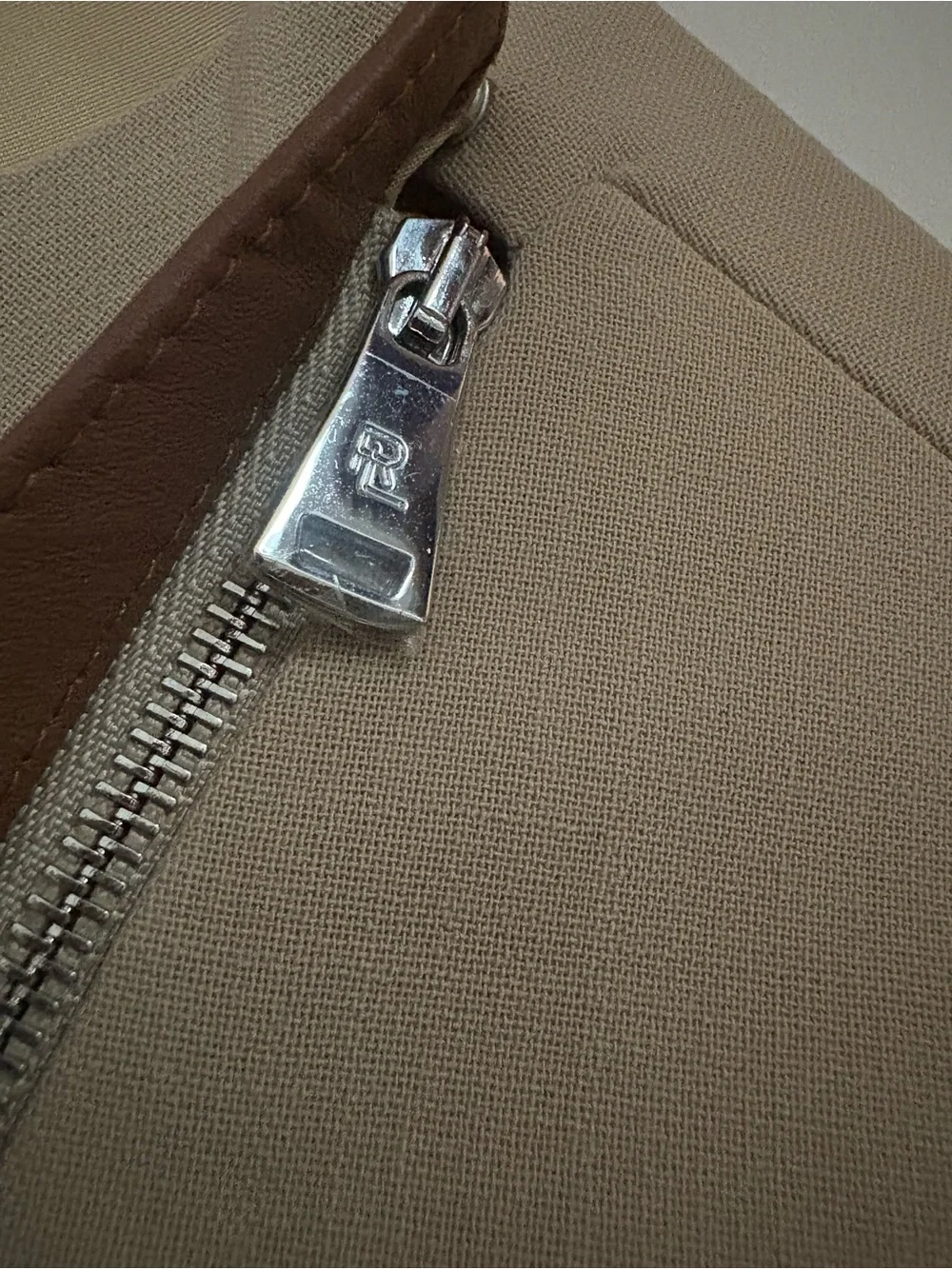 Ralph Lauren Purple Label Beige Midi Dress with Brown Trim Zipper + Buckle - Picture 6 of 6